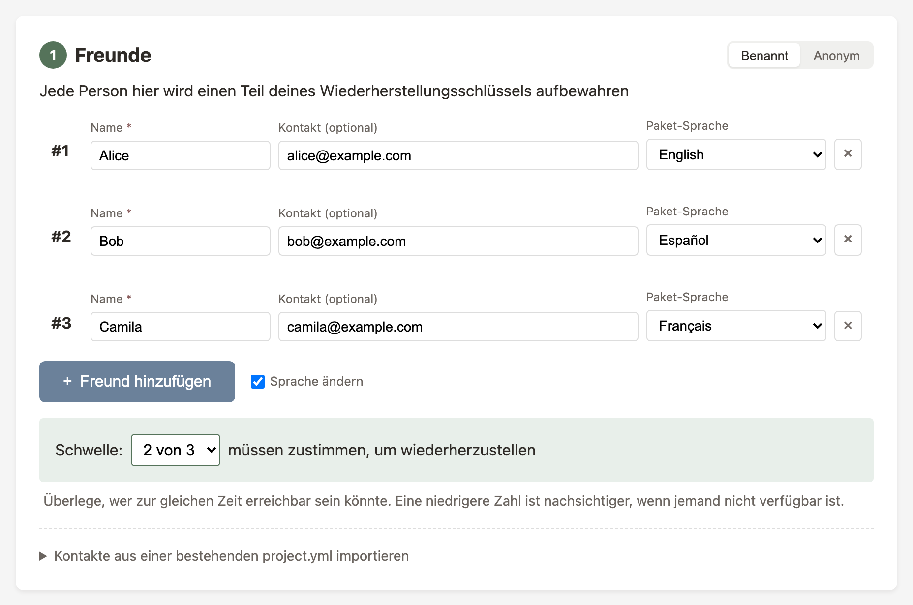 Freundeintrag mit dem Sprach-Dropdown für das Paket