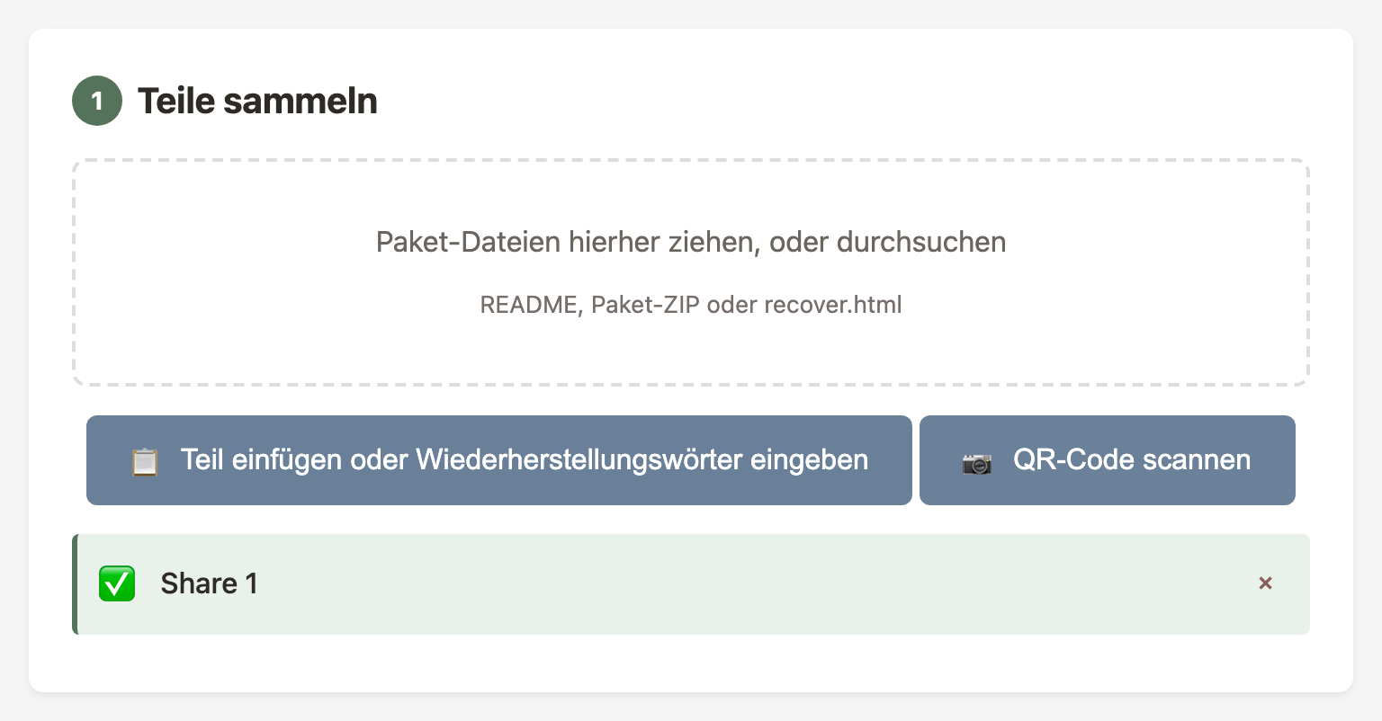 Wiederherstellungstool nach Eingabe der Wörter