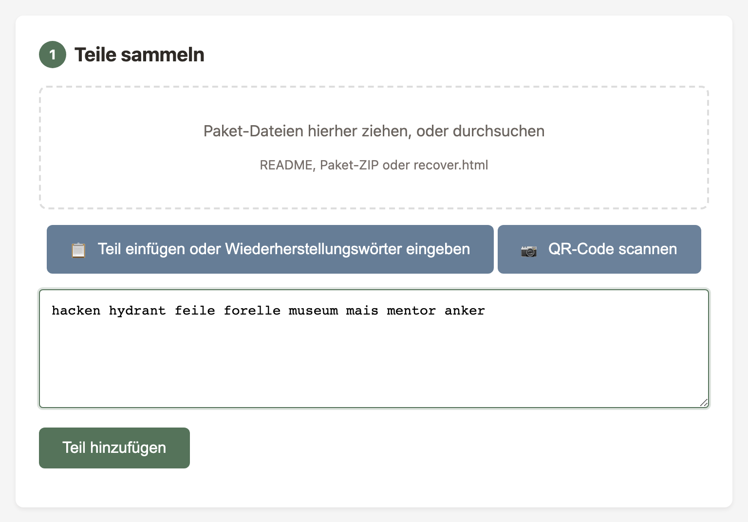 Wiederherstellungswörter aus einem ausgedruckten PDF eingeben