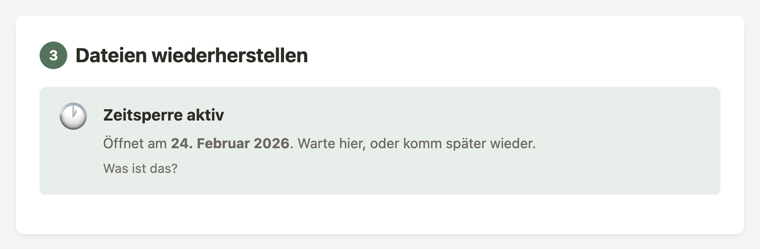 Wiederherstellungstool zeigt einen Zeitsperre-Hinweis