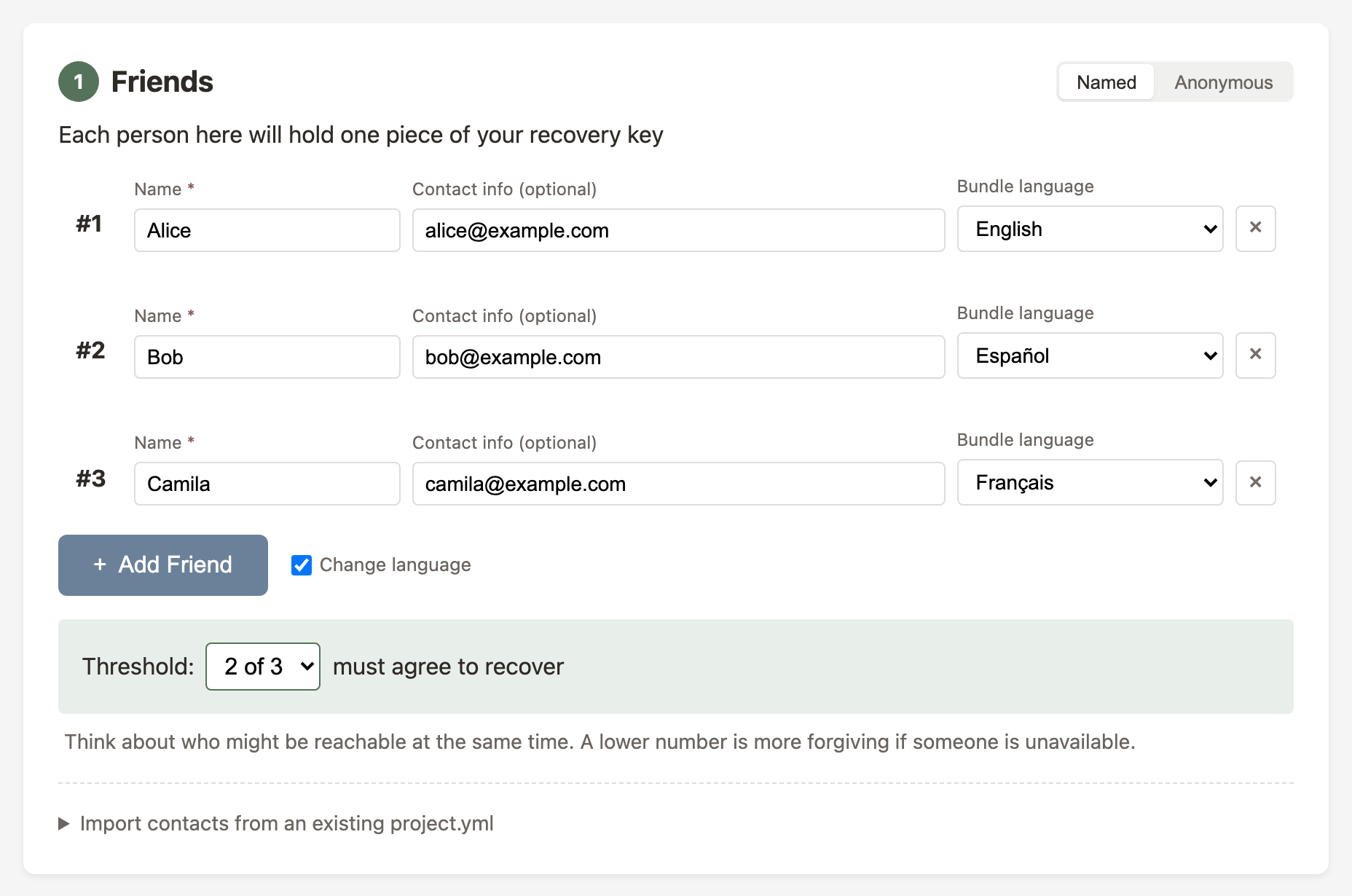 Friend entry showing the bundle language dropdown in the web UI
