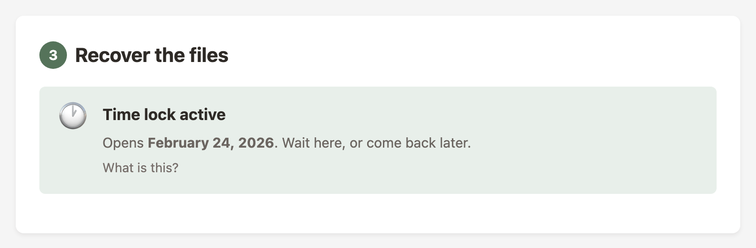 Recovery tool showing a time lock waiting notice