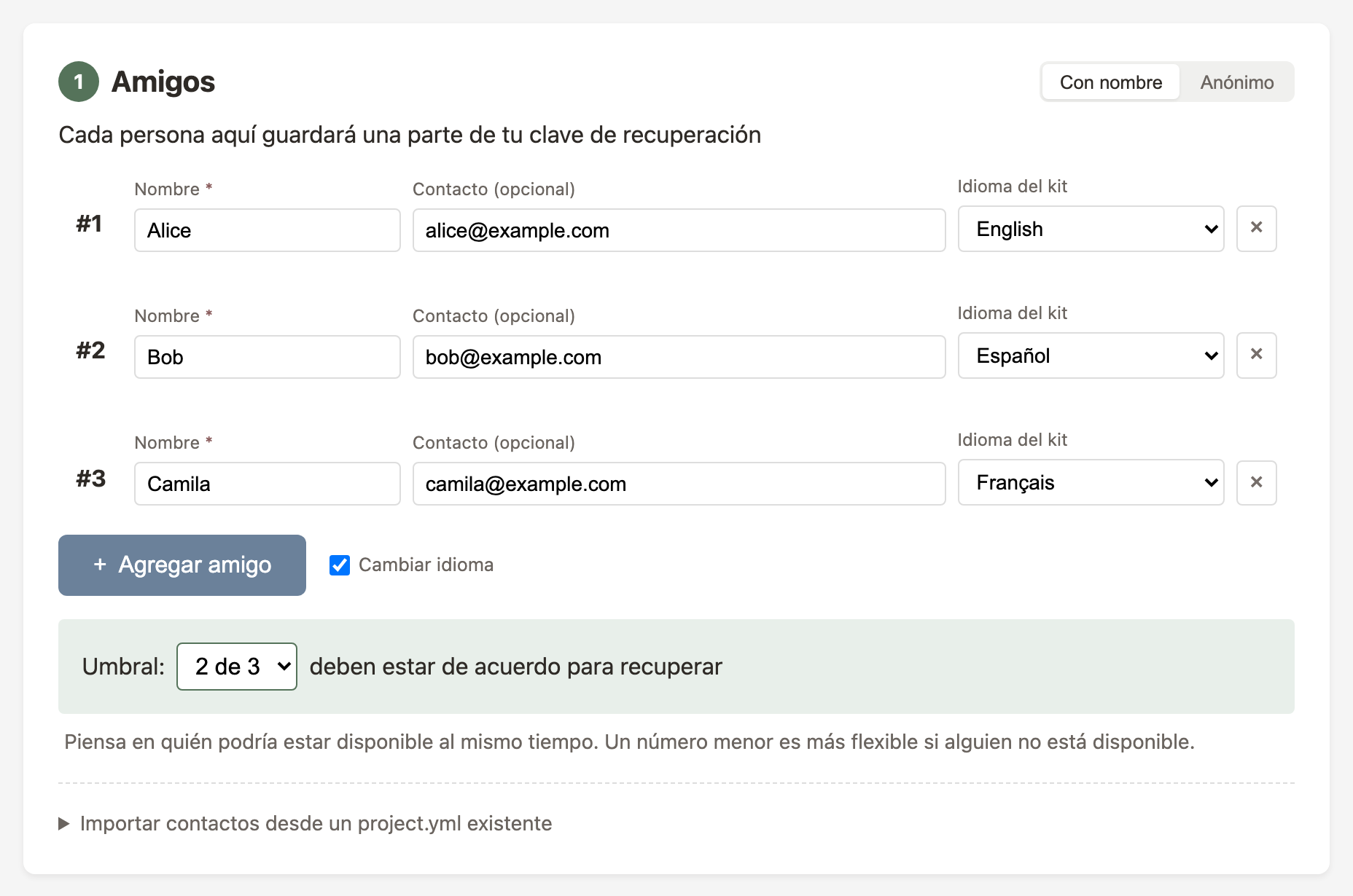 Entrada de amigo mostrando el menú desplegable de idioma del kit en la interfaz web