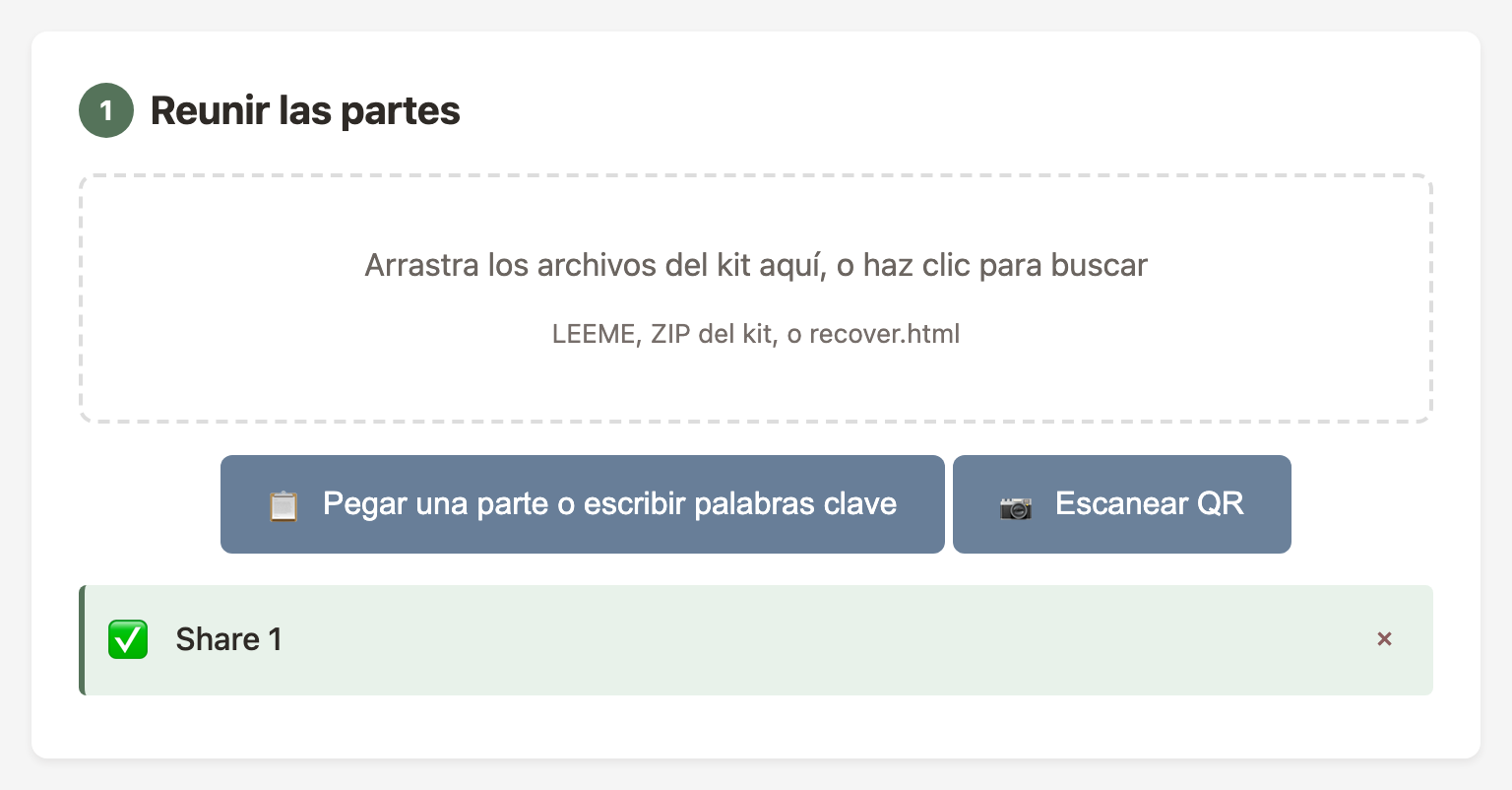 Herramienta de recuperación después de ingresar las palabras, mostrando que la parte fue reconocida