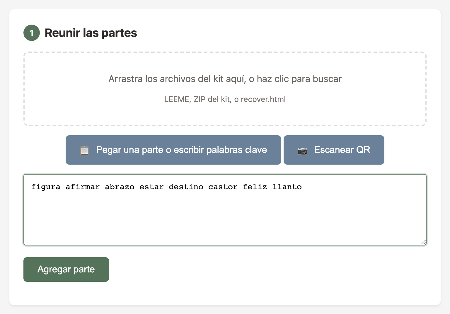 Escribiendo palabras de recuperación desde un PDF impreso en la herramienta