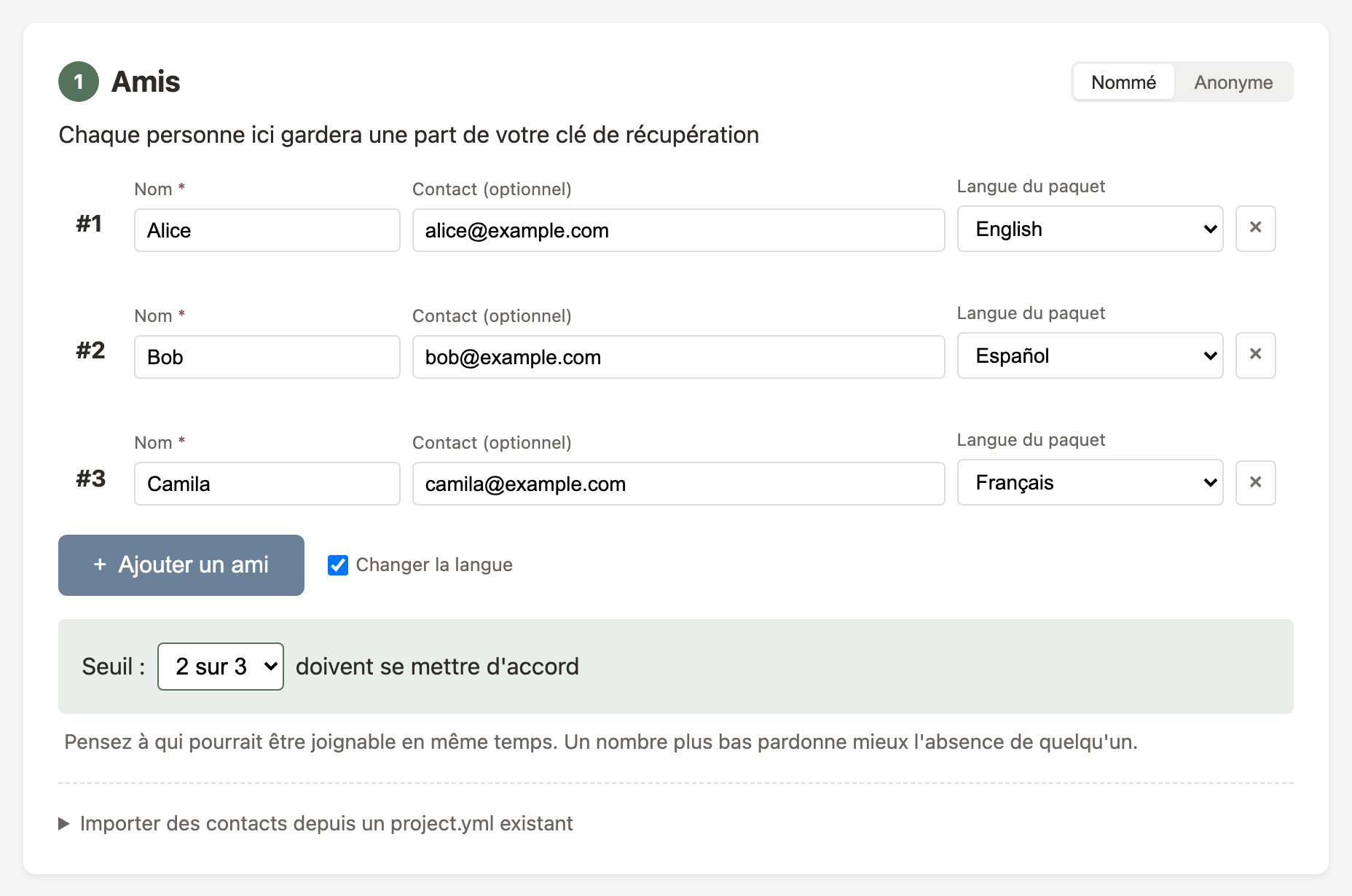 Entrée d'ami montrant le menu déroulant de langue