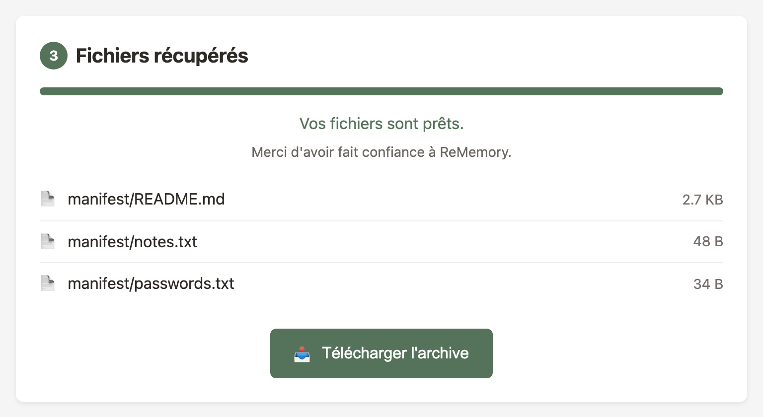 Interface de récupération - déchiffrement terminé